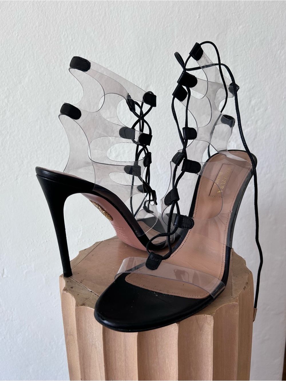 Aquazzura Black and Clear Lace-Up Stiletto Sandals